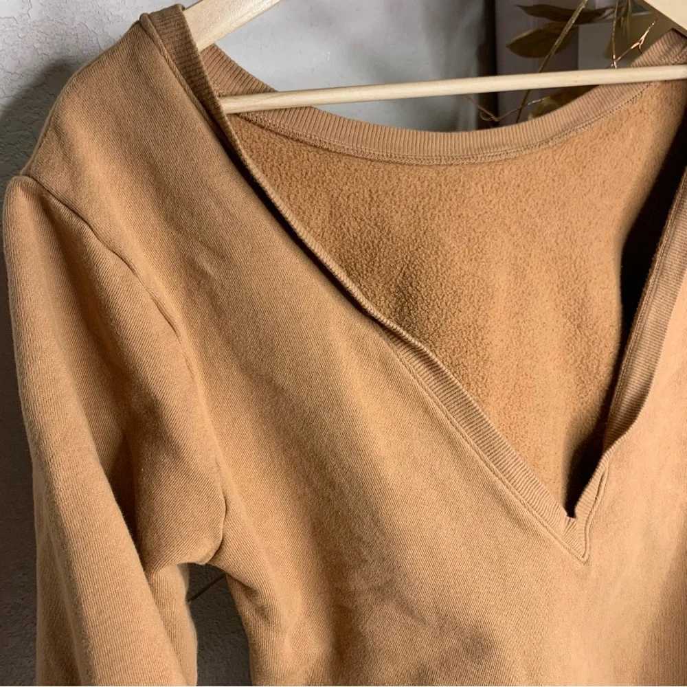 Joah Brown Deep V-Neck Pullover Sweatshirt in Camel - Picture 6 of 6